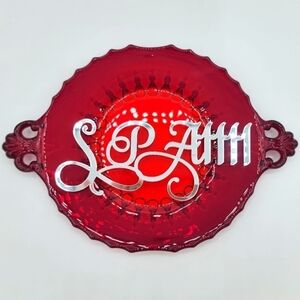 Vintage Red Glass Plate Footed Scalloped Dish #941